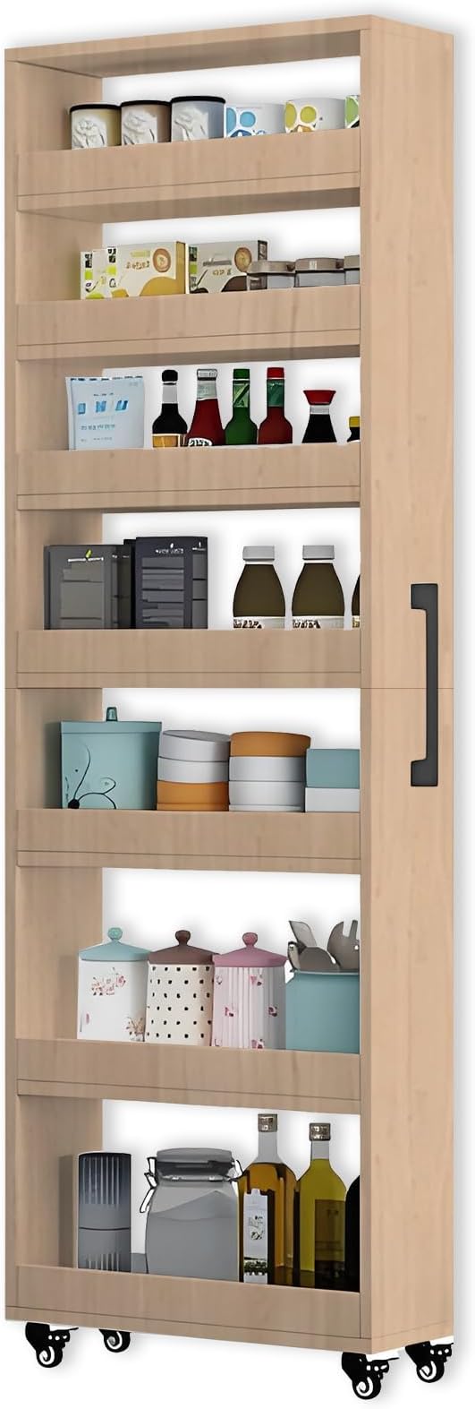 7-Tier Slim Storage Cart, Wooden Rolling Pantry Cabinet with Wheels, Narrow Shelf Organizer for Kitchen, Bakers Rack, Dining Room, Closet, Small Spaces Light Walnut 47.2" H*7.8" W*16.9" D