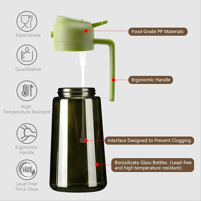 Olive Oil Dispenser and Oil Sprayer – 16oz/470ml Glass Light-Proof Oil Pourer for Kitchen, Air Fryer, Cooking, Salad, and BBQ