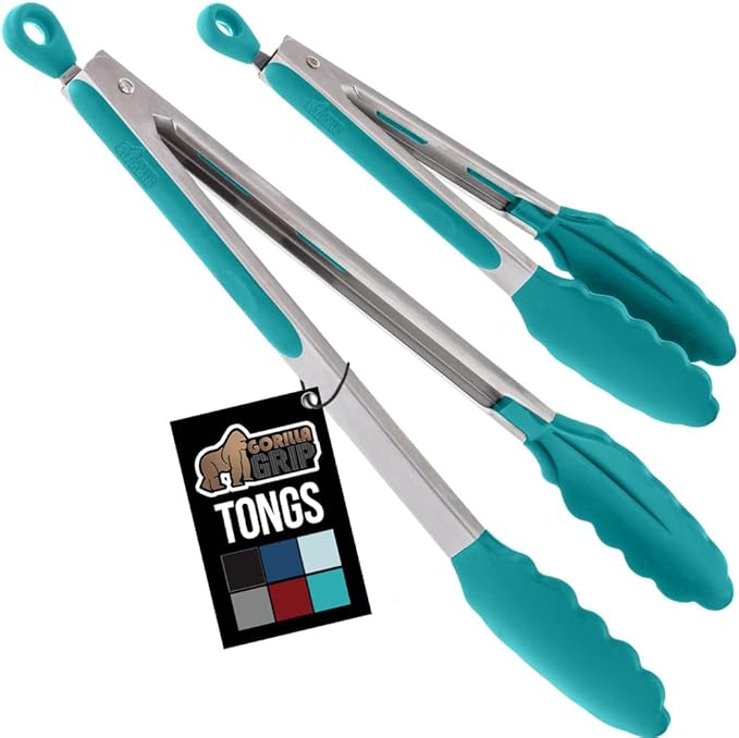 GORILLA GRIP Stainless Steel Heat Resistant Kitchen Tongs for Cooking, Set of 2 BBQ Tong, Non Scratch Silicone Tip for Pans, Strong Grip, Grab Food, Salad, Air Fryer, Pull Lock, 7 + 9 Inch, Turquoise