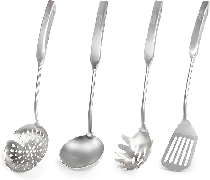 Newness 4 Pcs Cooking Utensils Set, 304 Stainless Steel Kitchen Utensils Set, Metal Kitchen Accessories, Include Soup Ladle, Slotted Skimmer Spoon, Spaghetti Spoon and Spatula, Dishwasher Safe