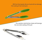 Kitchen Tongs with Silicone Tips,Tongs for Cooking Heat Resistant 600 Degrees Stainless Steel Locking Tongs,Grass Green Set of 3-7", 9" and 12"