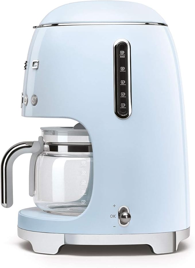 Smeg 50's Retro Style Aesthetic Drip Coffee Machine with 10 Cup Glass Carafe, Auto Start Feature, Keep Warm Plate, and Two Coffee Strength Settings (Pastel Blue)