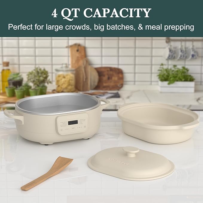 4 Quart Programmable Slow Cooker with Flexible Easy Programming, 8-in-1 Claypot Multi Cooker, Removable Crock, Nonstick, Oven Safe Pot to 450°F, Oatmeal