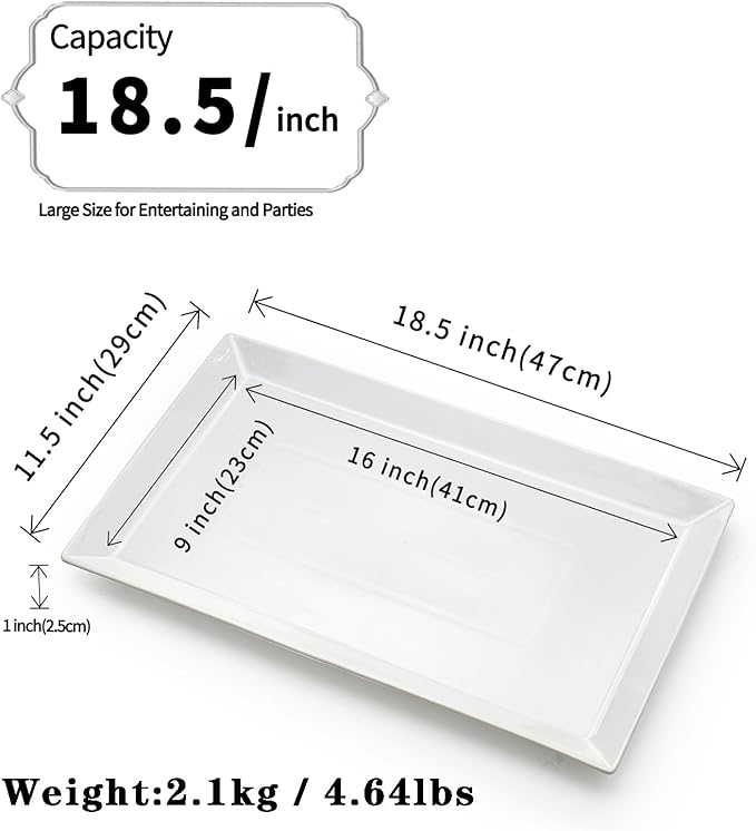 MIECOO Large Serving Platter, 18.5" x 11.5" White Serving Tray, Rectangular Porcelain Plate for Party, Wedding, Birthday, Entertaining, Food, Appetizer, Fruit, Sushi, Dessert