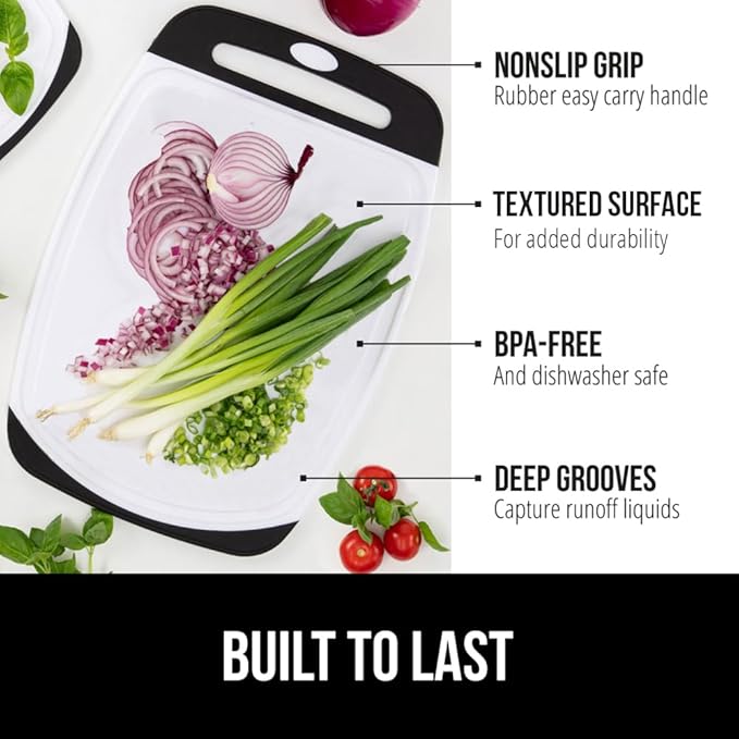 GORILLA GRIP BPA-Free Reversible Kitchen Cutting Board Set of 3, US Designed, Nonporous, Juice Grooves Catch Liquid, Slip Resistant Border, Durable Food Chopping Boards, Holiday Prep Essentials, Black