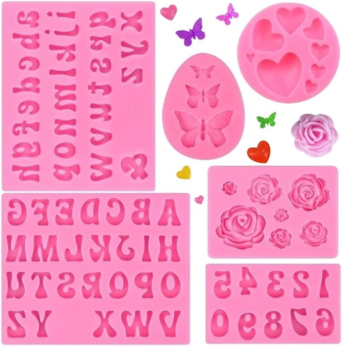 Letter Silicone Molds Alphabet Mold for Chocolate,6 Pcs Letter Number Flowers Butterfly Heart Shaped Fondant Molds for Making Strawberries,Candy,Gummy Cake Decorating