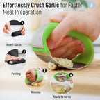 Angel's Peel Lounge Stainless Steel Garlic Press Rocker Set with Silicone Garlic Peeler & Cleaning Brush – Garlic Chopper, Mincer, Grater, Crusher – Easy for Crushed Cloves – Rust-Resistant, Green
