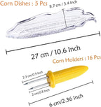 Stainless Steel Corn Holders - 16 Pack with 5 Pack Dish Set, Transparent Corn Trays