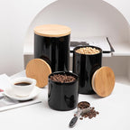 Sweejar Ceramic canisters for kitchen counter,Stackable Food Containers Set with Airtight Seal Bamboo Lid for Serving Ground Coffee, Tea, Spice, Flour and Sugar-Set of 3 (Black)