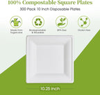 ECOLipak 10 Inch Square Paper Plates, 300 Pack Compostable Heavy Duty Biodegradable Paper Plates, Made from Sugarcane, Eco Friendly White Disposable Plates for Party, Dinner