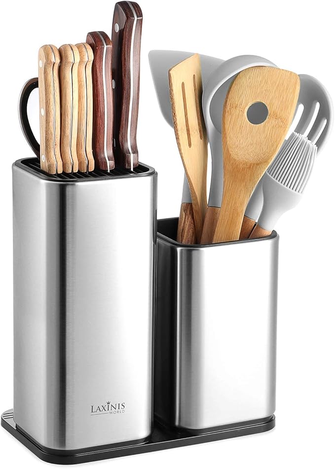 Knife Holder and Utensil Holder - Stainless-Steel Modern Rectangular Design Universal Knife Block and Kitchen Utensils Organizer for Counter-top