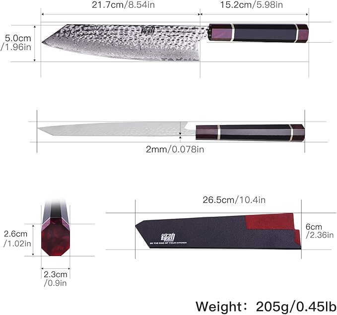 FINDKING Eternity Series Japanese Kiritsuke Knife with ABS sheath, Multi-Purpose Gyuto Chef knife, 9Cr18MoV Damascus Steel Blade, Resin Octagonal Handle, for Meat, Fruits, Vegetables,9 Inches