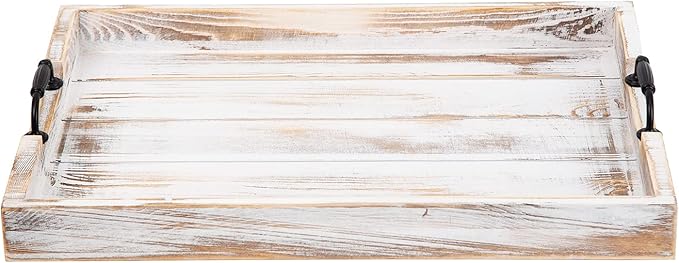 Rustic Vintage Big Wood Food Breakfast Serving Trays with Cutout Metal Handles(20 Inches) Large Nesting Board Decorative Serving Trays Platter in Bed, Ottoman, Coffee Table, BBQ, Party(Washed White