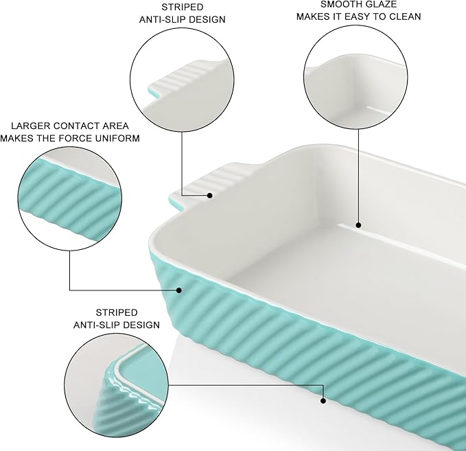 Sweejar Ceramic 13 x 9 Baking Pan, Cake Baking Dish for Brownie, Porcelain Striped Casserole Dishes for Oven with Handle for Lasagna, Family Dinner(Turquoise)