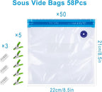 Reusable Sous Vide Bags 58Pcs BPA-Free, 1.4L Vacuum Sealer Bags for Cooking & Microwave, 50 Zipper Bags, 3 Seal Clips ＆ 5 Cooking Clips, Heat-Resistant & Leakproof (8.5x8.5in)