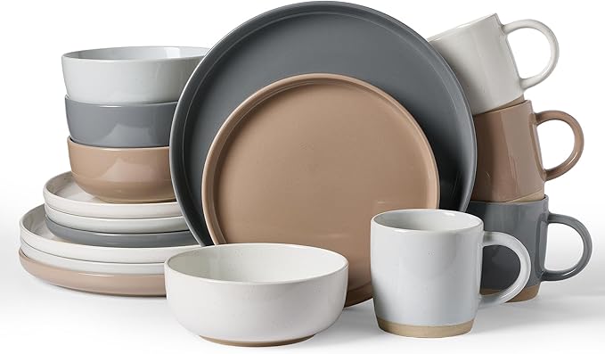 Famiware Milkyway Dinnerware Set with Mugs, Service for 4 (16pcs), Ribbed Stoneware Plates and Bowls Dishes Sets - Chip & Scratch Resistant, Microwave & Dishwasher Safe, Multi-color