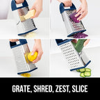 GORILLA GRIP 4-Sided 100% BPA-Free Cheese Grater With Container, Stainless Steel XL Box Graters, Parmesan Shredder, Grate Cheeses, Shred Veggies, Slip Resistant Handle, Dishwasher Safe Zester, Blue