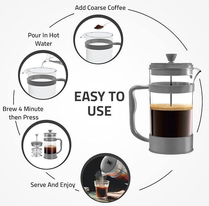 Utopia Kitchen 12 Ounce 0.35 Liter French Press Coffee Maker, Tea Maker, Travel Coffee Presses, Heat Resistant Thickened Borosilicate Coffee Pot for Camping Travel Gifts, Grey Pack of 1