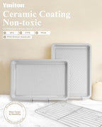 Nonstick Ceramic Baking Sheet with Rack, 2-Pack 13x9 Quarter Sheet Pan, Non-Toxic, PTFE & PFOA Free, Warp-Free, Oven Safe 550°F, Dishwasher Safe, Aluminized Steel, Gray Yellow