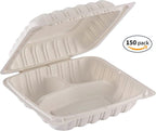 TIYA Clamshell Food Containers - White Bulk 150 Pack, 8x8 in - 3-Compartment To-Go Containers - Microwavable Plastic with Hinged Lid - Great for Meal Prep - BPA-Free