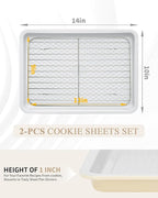 Nonstick Ceramic Baking Sheet with Rack, 2-Pack 13x9 Quarter Sheet Pan, Non-Toxic, PTFE & PFOA Free, Warp-Free, Oven Safe 550°F, Dishwasher Safe, Aluminized Steel, Gray Yellow