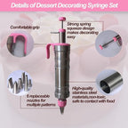 Dessert Decorating Piping Syringe Set Cake Decorating Tool Cookie Gun Press,Icing Decoration Gun,Frosting Piping Kit 6 Piping Icing Nozzles for Baking,Decorating Cupcake,Deviled Eggs (Silver & Pink)
