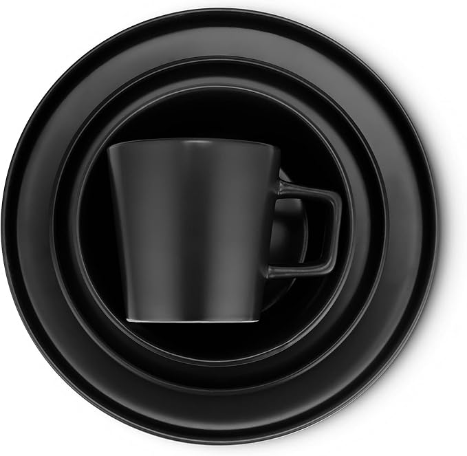 Stone Lain Celina Stoneware 32 Piece Dinnerware Set, Plates and Bowls, Black Matte Dish Collection, Service for 8 – Contemporary Minimalist Style, Microwave & Dishwasher Safe