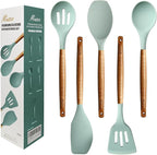 Kitchen Utensils Set, Silicone Cooking Utensils Set,Non-Stick Silicone Spatula Set with Natural Acacia Hard Wood Handle, 5 Piece, Upgraded Thickened Cookware