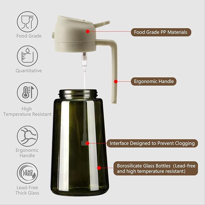 2PCS Olive Oil Dispenser and Oil Sprayer – 16oz/470ml Glass Light-Proof Oil Pourer for Kitchen, Air Fryer, Cooking, Salad, and BBQ