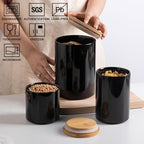 Sweejar Ceramic canisters for kitchen counter,Stackable Food Containers Set with Airtight Seal Bamboo Lid for Serving Ground Coffee, Tea, Spice, Flour and Sugar-Set of 3 (Black)