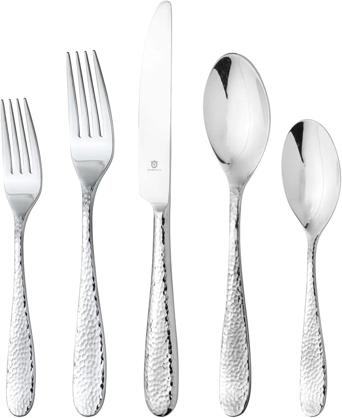 Hammered Silverware Set | Premium 18/10 Stainless Steel Flatware Service for 12 | Heavy-Duty & Dishwasher Safe | Built to Last (60-Piece, Fidenza Hammered)
