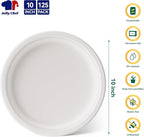 JOLLY CHEF Compostable Heavy Duty Plates 𝟭𝟬 𝗜𝗻𝗰𝗵 [𝟭𝟮𝟱 𝗣𝗮𝗰𝗸] Eco-Friendly Disposable White Paper Plates Made of Bagasse Biodegradable for Party Dinner Sugarcane Fibers Thanksgiving Day