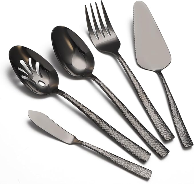 Large Hostess Serving Utensils Set, Stainless Steel Heavy Duty Hammered Serving spoons, Slotted Spoons, Serving Fork, Cake Server, Butter Knife, Dishwasher Safe（Black）