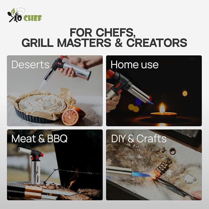 Jo Chef Butane Torch Lighter, Cooking Torch - Refillable Adjustable Flame Lighter with Safety Lock for BBQ, Baking, Brulee Creme, DIY + FREE Recipe eBook (Butane Not Included)
