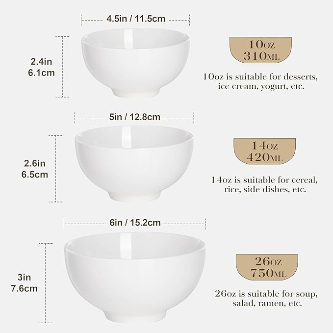 MALACASA 26 Oz Porcelain Soup Bowls Set of 4, White Ceramic Bowls for Kitchen, Cereal Bowl for Oatmeal, Fruit, Salad, Ramen and Rice Bowl -Dishwasher & Microwave Safe Bowls