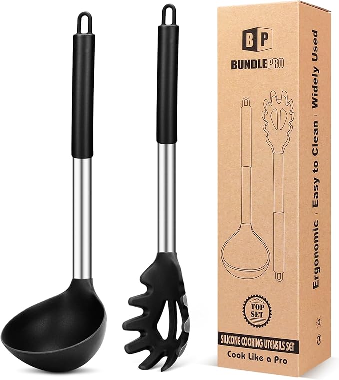 Silicone Pasta Fork and Ladle Spoon Set, Large Non Stick Kitchen Utensils for Cooking,Stirring,Serving Spaghetti, Soup, Sauce (BLACK)