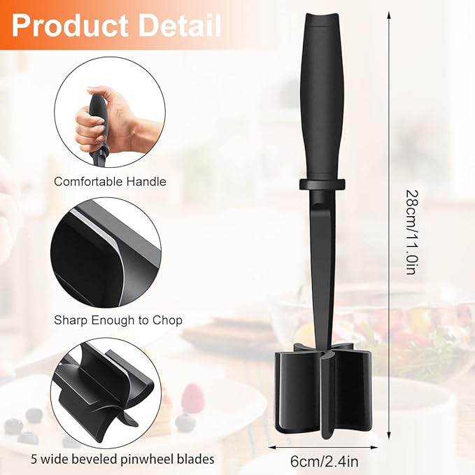 8Pcs Meat Masher, Nylon Nonstick Ground Beef Chopper with 5 Curved Blades & Ergonomic Non-Slip Handle, Heat-Resistant Potato Masher for Kitchen