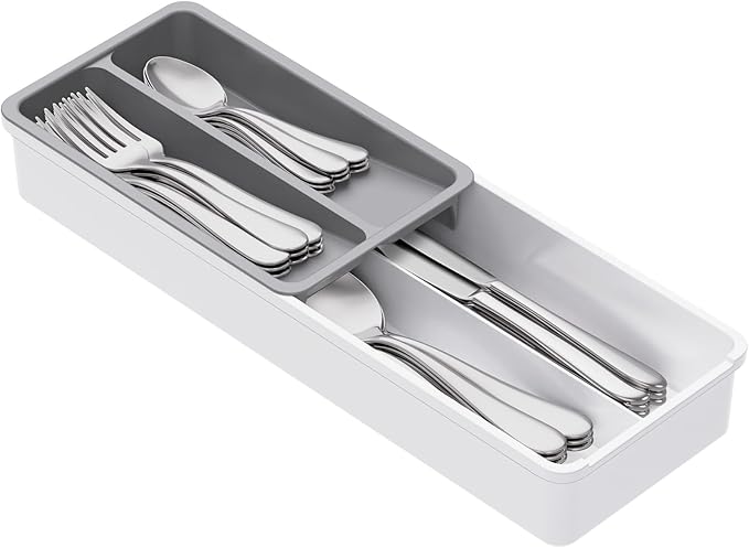 Lifewit Compact Silverware Organizer for Kitchen Drawer, Narrow Flatware Tray Holder, Plastic Cutlery Spoons, Forks and Knives Storage, White&Gray, 1 Pack