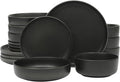 Gibson Elite Pasco 16 Piece (Service for 4) Plates and Bowls Double Bowl Reactive Glaze Dishes Stoneware Ceramic Dinnerware Set - Black