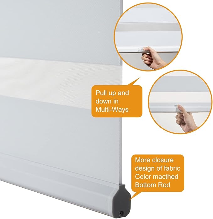 Persilux Zebra Blinds for Windows, Cordless Roller Blinds (50" W x 72" H, White) Light Filtering Sheer Window Treatments, Light Control for Day and Night, Room Darkening Roller Shades for Windows