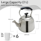 Lily's Home Whistling Tea Kettle for Stovetop, 2 Quart Stainless Steel Water Kettle with Loud Whistle, Cool-Touch Handle & Induction Compatible Base - For Gas, Electric, & Induction Cooktops