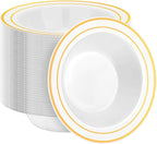100 Pack Disposable Soup Bowls with Gold Rim, 12oz Premium Heavy Duty Plastic Dinner Bowls for Party, Wedding and Holiday