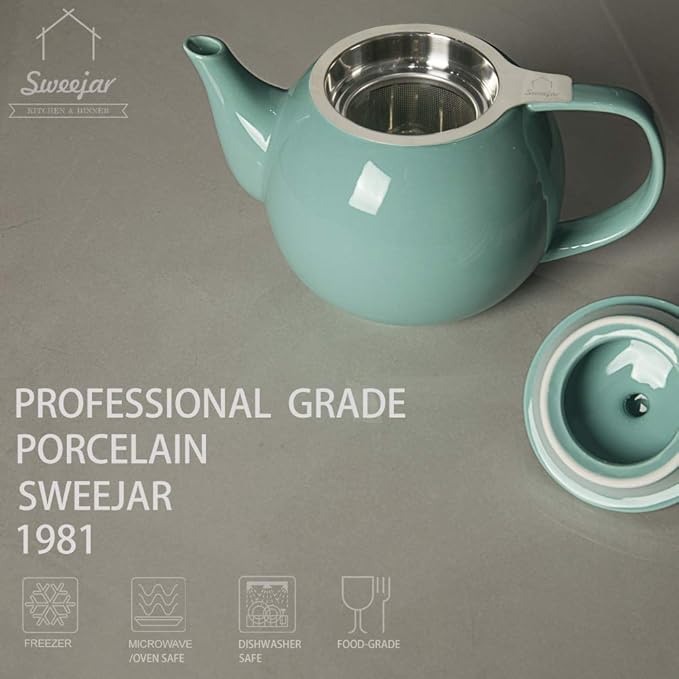 Sweejar Porcelain Teapot with Removable Stainless Steel Infuser,Microwave & Dishwasher Safe Tea Pots for Loose Tea,Tea Infuser Pots for Chrismas Women Gift (30oz Turquoise)