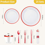 Goodluck 175 Piece Red Plastic Dinnerware Set for Party, Clear Disposable Plates for 25 Guests, Include: 25 Dinner Plastic Plates, 25 Dessert Plates, 25 Pre Rolled Napkins with Cutlery Set, 25 Cups