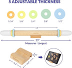 Geesta Adjustable Wood Rolling Pin with 5 Thickness Rings, Precise Dough Roller Handle Press Design with Measurement Guide for Baking Fondant, Pie Crust, Cookie, Pastry - Baking Essential