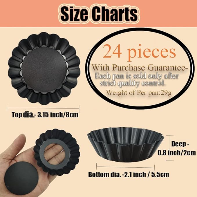 DATANYA 24Packs Mini Tart Pans 3 Inch with Removable Botttom, Carbon Steel Fluted Tart Tin Shell Mold Round Nonstick 3'' Quiche Pans for Pies, Mousse Cakes, Dessert Baking