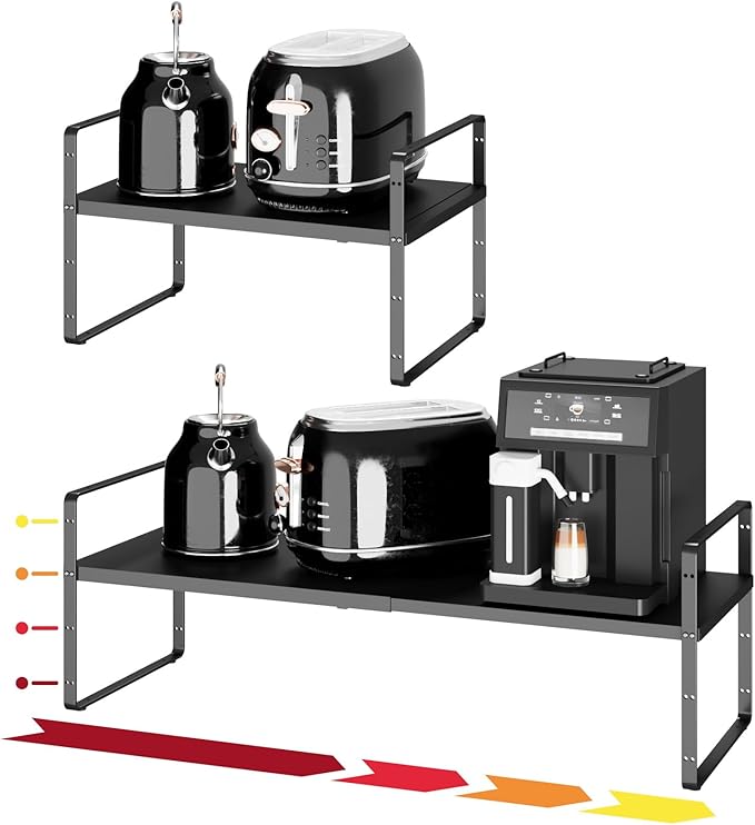 16.5~27.1" Expandable Shelf Organizer, 1Pack 10.2" Wide Stackable Cabinet Shelf Organizers, Black Metal Sturdy Kitchen Counter Storage for Countertop, Adjustable Height Spice Rack
