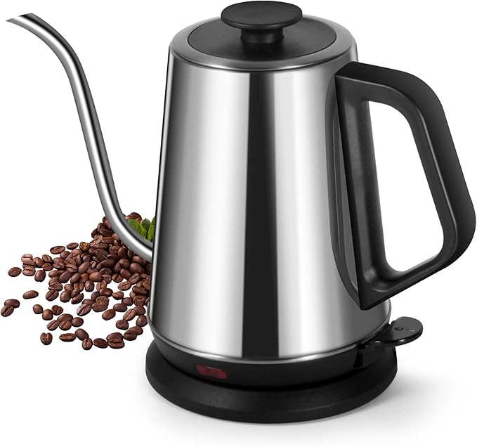 1L Electric Gooseneck Kettle, Tea Kettle for Boiling Water, Gooseneck Electric Kettle for Coffee & Tea, Fast Boiling for Pour Over, Auto Shut-Off, Boil-Dry Protection, 360° Rotational Base - Silver