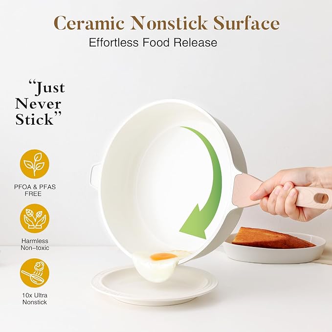 Kordisen Nonstick Ceramic Deep Frying Pan, 11 Inch Non Toxic Skillet with Lid, Healthy Jumbo Cooker, Saute Pan for Cooking, Induction Cookware, PFOA & PFAS Free (Cream)