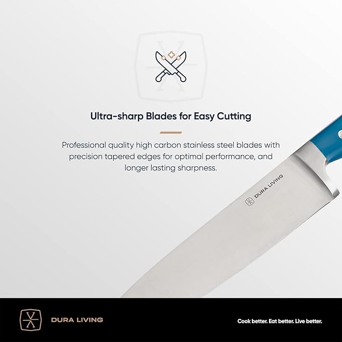 DURA LIVING 8 Inch Professional Chef Knife – High Carbon Stainless Steel, Razor-Sharp, Versatile Cooking & Cutting Kitchen Knife, Ergonomic Handle, Sleek Royal Blue Design